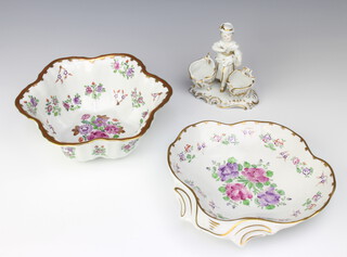 A Dresden fluted bowl decorated with flowers 23cm, ditto shell shaped bowl 24cm and a 2 section table salt 10cm 