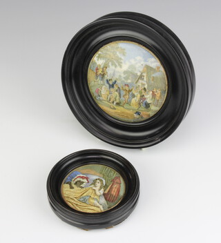 A Prattware pot lid - Little Red Riding Hood 8cm and ditto - The Village Wedding 12cm, framed