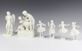 A blanc de chine group of 2 children beside an urn raised on a rectangular base 15cm, 5 other figures