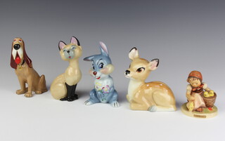 A Wade Disney figure - Thumper 14cm, ditto Siamese cat 15cm, a hound 14cm, Bambi 13cm and a Hummel figure of a girl with chicks 57/0 9cm
