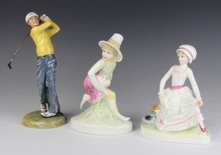 A Royal Doulton figure - Tom Tom The Pipers Son HN3032 19cm, Little Miss Muffet HN2727 18cm and Teeing Off HN3276 22cm 