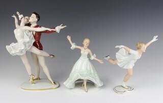 A Wallendorf figure of 2 dancers 26cm, a ditto of an ice skater 17cm and another of a dancer 18cm 