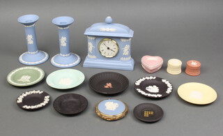 A Wedgwood blue jasper timepiece decorated classical figures 15cm, a pair of candlesticks, 3 boxes, a compact and 8 dishes 