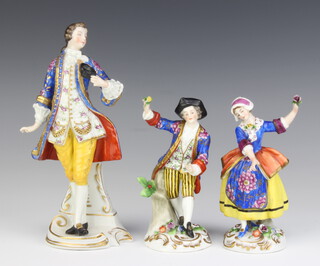A pair of Samson figures of a lady and gentleman raised on classical rococo bases 12cm, ditto gentleman holding a mask 17cm 