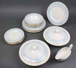 A Royal Doulton Hampton Court dinner service comprising 6 side plates, 6 dinner plates, 6 soup bowls, a sauce boat and 2 tureens and covers