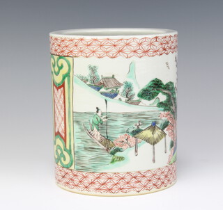 A Chinese famille verte cylindrical brush pot decorated with figures in landscapes 15cm 