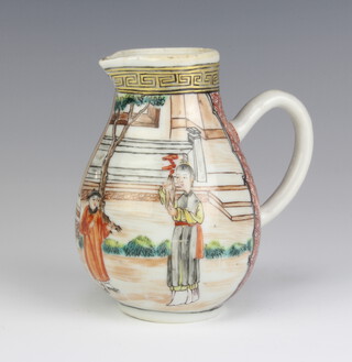 An 18th Century Chinese famille rose baluster jug decorated with figures in a pavillion garden 11cm  