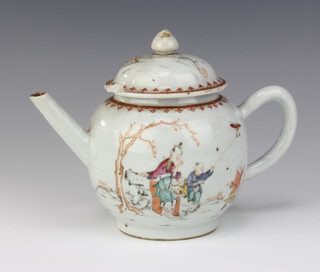 An 18th Century Chinese famille rose bulbous teapot decorated with figures playing with a butterfly kite 13cm 