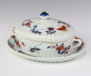 A 19th Century Chinese oval 2 handled box and cover decorated with crickets, butterflies and flowers on a matching stand 17cm 