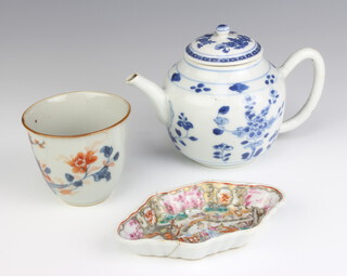 An 18th Century Chinese beaker decorated with a vase of flowers 7cm, a ditto famille rose hexagonal dish decorated with figures on a pavillion terrace 12.5cm and a Chinese blue and white teapot decorated with flowers 11cm 