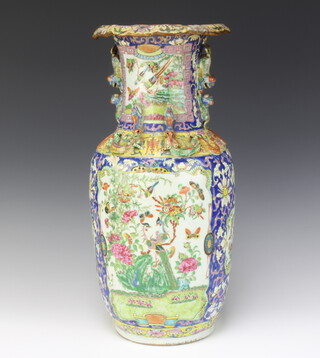 A 19th Century famille rose oviform vase decorated with panels of birds and insects having lion handles 43cm 