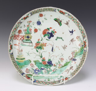 An 18th Century Chinese famille verte shallow dish decorated with birds and insects 35cm 