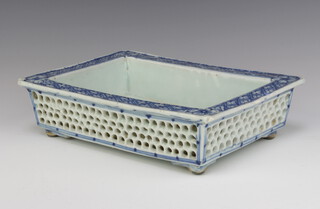 A 19th Century style Chinese shallow rectangular dish with pierced sides decorated with flowers 23.5cm 