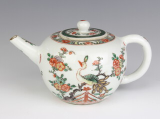 A 19th Century Chinese famille verte bulbous teapot decorated with birds amongst flowering trees 9cm 