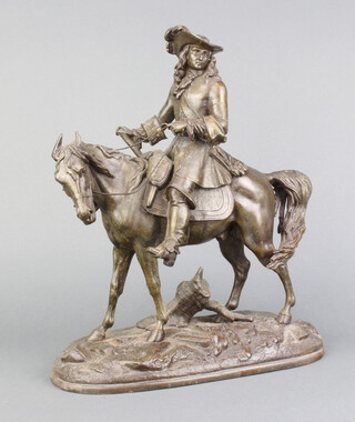 A 19th Century spelter figure of a mounted cavalier raised on oval naturalistic base 35cm x 29cm x 14cm d 