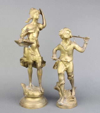 An Art Nouveau style gilt bronze figure of a standing girl with basket of fruit, raised on a circular base  43cm h x 12cm together with 1 other boy with basket 35cm x 9cm  