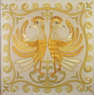 An Edwardian stitchwork panel decorated 2 birds, the reverse marked "This stitchwork was worked by Mary Graham at the age of 76 for Edward H Graham in 1906" 59cm x 58cm 
