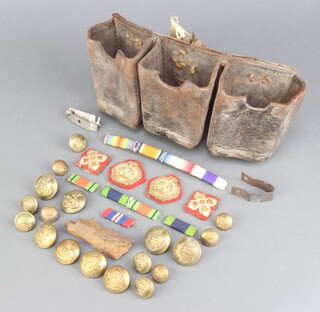 A leather 3 section ammunition pouch labelled Turkish Ammunition pouch, captured during Gallipoli Campaign 1915, a section of shrapnel, a bar of medal ribbons, buttons etc  