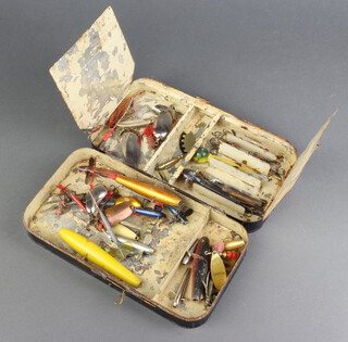 A 1920's Hardy Brothers japanned fishing lure box 5cm x 22cm w x 12cm with contents of vintage lures, minnows, spoons etc 