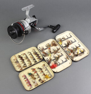 A Ryobi SX4M fishing reel boxed, a Malloch's patent 13561 japanned fly box and 1 other 