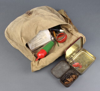 T H Farlow and Company, an empty cardboard box for The Hog Back fly spoon, a canvas bag containing various floats etc 