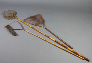 A Hardy Brothers brass and wooden folding landing net marked Hardy Brothers patent 16577, a ditto mahogany brass landing fishing net with bamboo shaft marked Hardy Brothers Manufacturers Alnwick, a steel and bamboo landing net 