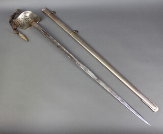A George V Infantry Officer's sword, the etched blade with royal arms and cipher, the blade marked 4381 complete with metal scabbard and dress knot 
