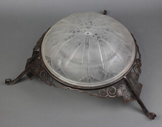 A circular Lalique style glass and wrought iron light shade with butterfly decoration 27cm h x 37cm 