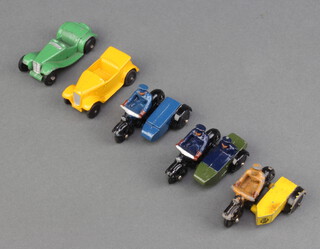Dinky, an AA motorcycle patrol (44b) with solid black plastic wheels, a Police motor cyclist and rider (37b) in dark blue, a RAC Motorcycle patrol (43b) with no silver detailing , a 1946/48 MG Sports Car (35c) in green and a 1947-48 Austin 7 (35d) in yellow
