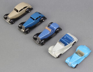 Dinky, a 1936-40 Daimler (30c) in Fawn with open chassis, a 1948/50 Streamlined saloon (36d) in blue with moulded chassis, a 1948-50 British Salmson (36e) in dark blue, a 1947-50 Armstrong sidled coupe (38e) in light grey and a 1947-50 Frazer Nash BMW Sports (38a) in blue with grey seats
 
