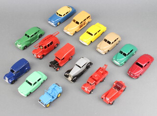 Dinky a 1947-50 Chrysler Royal Sedan (39e) in green, a 1948-50 streamlined fire engine (25h) in red with ridges hubs 30-40, a 1948-51 Royal Mail Van (34b), a 1948-50 Humber Vogue (36c), a 1947-50 Jaguar (38f)  in red with maroon seats, a 1947-48 Breakdown Lorry (30e) in red, a 1948-54 Delivery Lorry (280) in blue with filled rear windows, a 1947 Jeep (25j) in blue with yellow hubs, a Hilllman Minx (40f)  in light green with light green hubs, a 1949-54 Standard Vanguard (40c) in fawn with fawn hubs, a Plymouth Woody Estate (344), a Ford Fordor Sedan (139a) in yellow with yellow hubs, a Rover 75 Saloon (140b) in maroon with maroon hubs. a Morris Oxford (40g) in green with light green hubs a Hudson Commodore Sedan (139b) with dark blue body and tan roof
