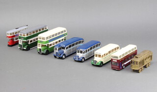 Three Corgi model omnibuses, 3 Corgi model motorcoaches, 2 trams  
 