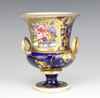 A 19th Century 2 handled classical vase, the blue and gilt ground with a panel of flowers 17cm 