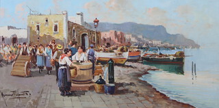 20th Century oil on board, indistinctly signed, Italian coastal village with figures and boats 19cm x 38cm 