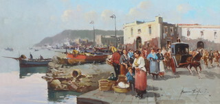 20th Century oil on board, indistinctly signed, an Italian coastal village with figures and boats beside a quay 19cm x 38cm 