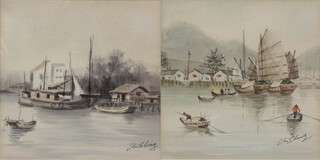 20th Century watercolours, a pair, indistinctly signed, Chinese riverside scenes, 15cm x 15cm  