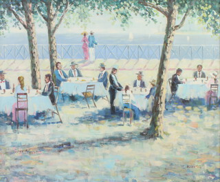 Western, Continental oil on canvas signed, figures on a terrace with distant boats 48cm x 58cm 
