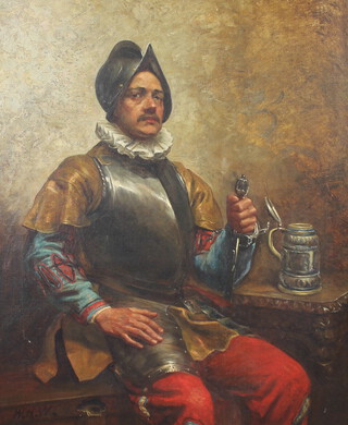 W H W, oil on canvas, monogrammed, study of a Spanish soldier sitting at a table with a beerstein 59cm x 49cm 