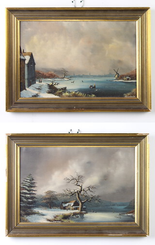Charles Comber, oils on board, a pair, signed, Dutch winter landscapes with figures 19cm x 29cm 