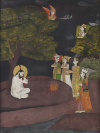 19th Century Indian watercolour on paper, a deity and attendants beneath an angel in a tree 24cm x 18cm 