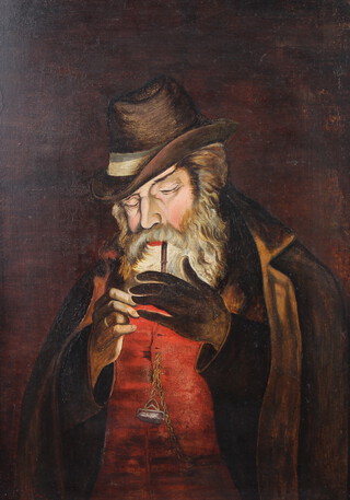 20th Century oil on board, indistinctly signed study of a gentleman lighting a pipe, 41cm x 29cm 