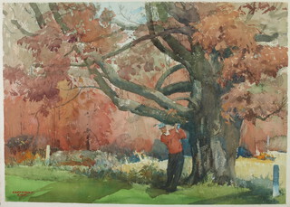 Leland R Gustavson (1894-1966), watercolour signed, study of a golfer 55cm x 75cm 