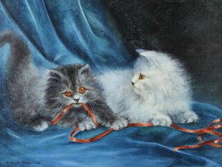 Agnes Augusta Tallboy (? - 1940) RWA, oil on board signed, study of two cats and a ribbon 29cm x 39cm 