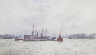 Frederick Edward Joseph Goff (1855-1931), watercolour signed, river scene with boats 19cm x 33cm 