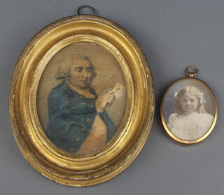 19th Century oval miniature print of a gentleman, 9cm x 7cm, a framed photograph of a young girl 6cm x 5cm  