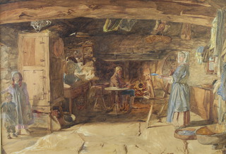 Victorian watercolour unsigned, a cottage interior with figures 42cm x 61cm 