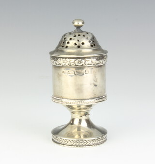 A George III silver pounce pot with floral decoration and engraved armorial, London 1781, 8cm, 60 grams