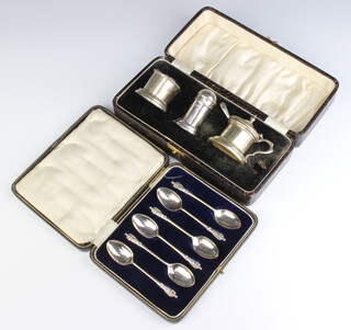 A matched silver 3 piece condiment together with a cased set of teaspoons Sheffield 1923, 230 grams 