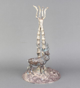 An Edwardian silver plated centrepiece with a deer beneath a tree 35cm 