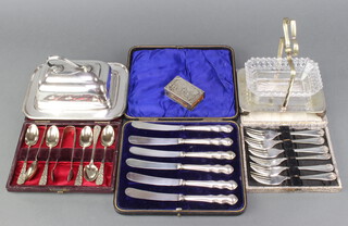 Three cased sets and minor plated wares including a silver match sleeve